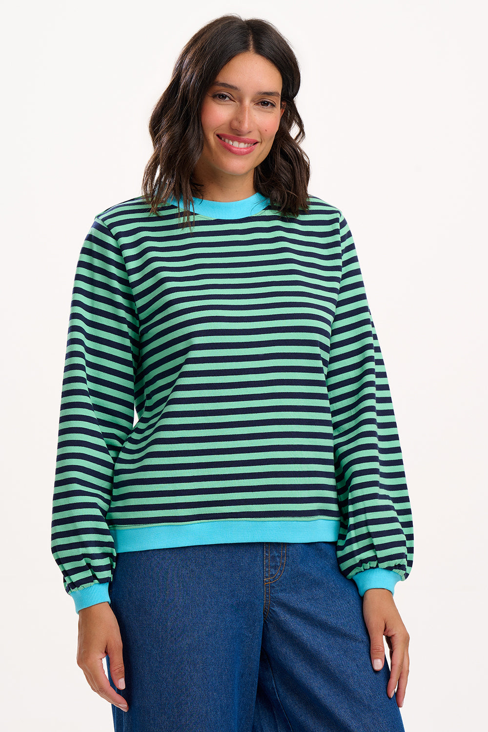 Mindy Blouson Sleeve Sweatshirt - Navy/Green, Stripe Contrast Rib