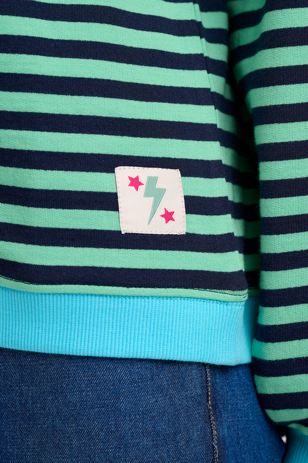 Mindy Blouson Sleeve Sweatshirt - Navy/Green, Stripe Contrast Rib