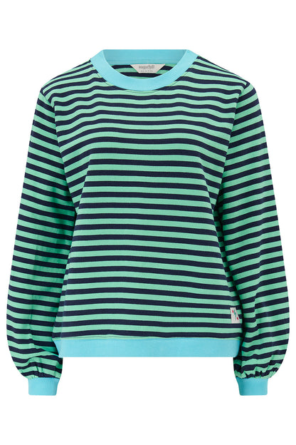 Mindy Blouson Sleeve Sweatshirt - Navy/Green, Stripe Contrast Rib