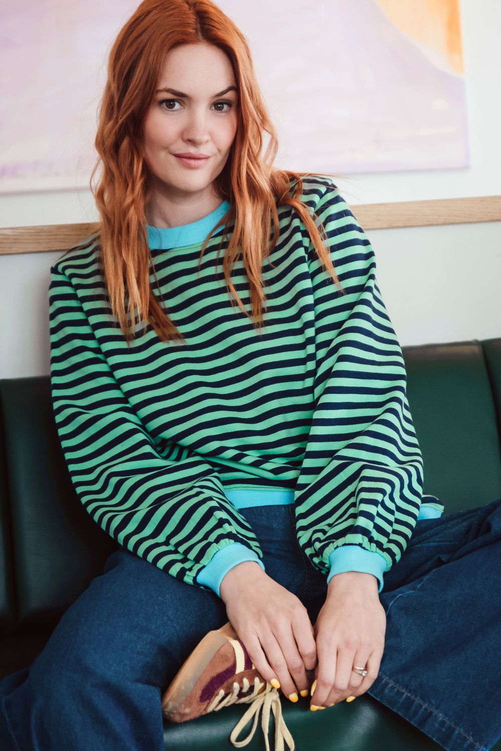 Mindy Blouson Sleeve Sweatshirt - Navy/Green, Stripe Contrast Rib